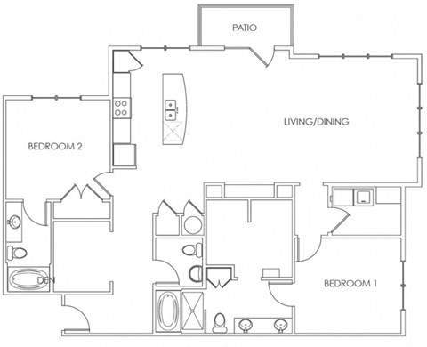 Floor plan for 2 beds, 2.5 baths, 1605 sqft